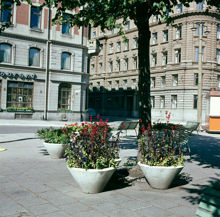 Blomsterarrangemang på Eriksbergsplan. Vy mot hörnet Regeringsgatan-Tegnérgatan