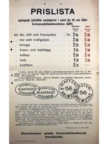 Prislista för kött – Stockholms stads Livsmedelsnämnd 1918