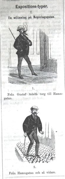 Expositions-typer I. En utlänning på Regeringsgatan. Bildskämt i Söndags-Nisse – Illustreradt Veckoblad för Skämt, Humor och Satir, nr 23, den 10 juni 1866