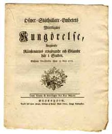 Öfwer-Ståthållare-Embetets Ytterligare Kungörelse, Angående Ränstenarnes rengörande och sköljande här i Staden. Gifwen Stockholm then 25 Maji 1776.