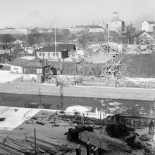 Utsikt över Skanstullsområdet från söder. Byggnadsarbete vid Hammarby Sluss
