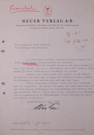 Brev med äskande om ekonomiskt stöd till Nelly Sachs år 1945