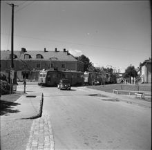 Spårvagn i korsningen Gamla Tyresövägen - Sockenvägen - Kärrtorpsvägen 1950 