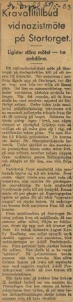 Artikel om kravalltillbud på Stortorget 1933, ur SVenska Dagbladet den 20 maj 1933.