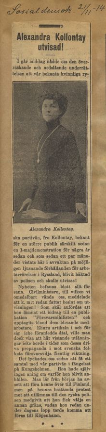 Tidningsnotis om utvisning av Alexandra Kollontay - 1914