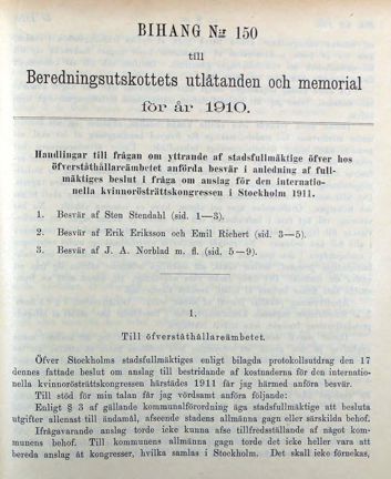 Protester mot att Stadsfullmäktige beviljat medel till den internationella kvinnorösträttskonferensen 1911.