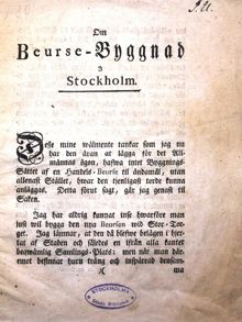 "Om Beurse-byggnad i Stockholm" - Jean Eric Rehn 1768