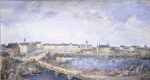 Utsikt över Norrbro och nedre Norrmalm från Kungl. Slottet. Kopia utförd av Einar Uggla 1939