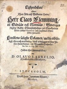 ”Likpredikan Öfwer Then Ädle och Welborne Herre Herr Claes Flemming /…/ Öfwerståthållare på Stockholms Slott” 1644 