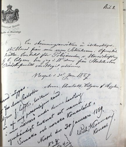 Anne Charlotte Leffler bekräftar stämningsansökan från maken Gustaf Edgren 1889