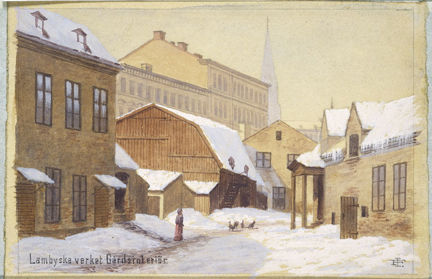 Gårdsinteriör med snö.