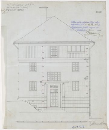 Fasadritning i tusch på transparent grå väv