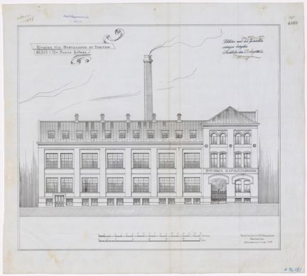 Ritning till fabriksbyggnad i tusch på transparent grå väv