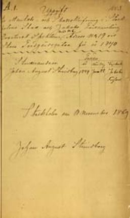 gulnad sida med handskriven text som säger att studerande Johan August Strindberg bor i Jakobs församling