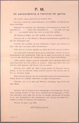 Maskinskrivna regler för boende på Hemmet för gamla.