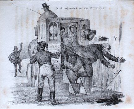 "Hufvudstadens nöjen - Nedstigandet ur en Omnibus" (teckning 1841)