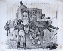 "Hufvudstadens nöjen - Nedstigandet ur en Omnibus" (teckning 1841) 