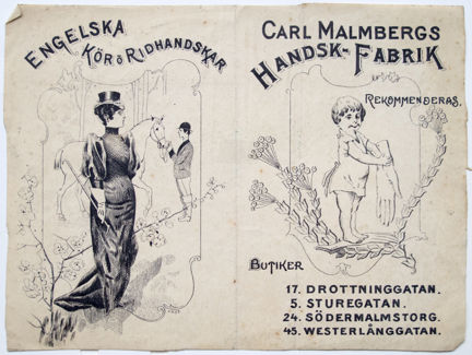 Svartvitt reklamtryck med bild på en häst, kvinna, man och barn som bär handskar samt text.