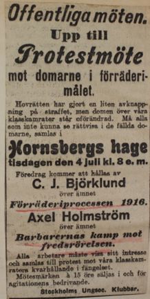 "Barbarernas kamp mot fredsrörelsen" - upprop till protestmöte 1916.