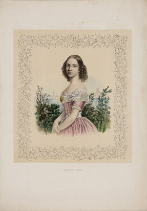 Porträtt av Jenny lind mot stockholmsbakgrund och en näktergal