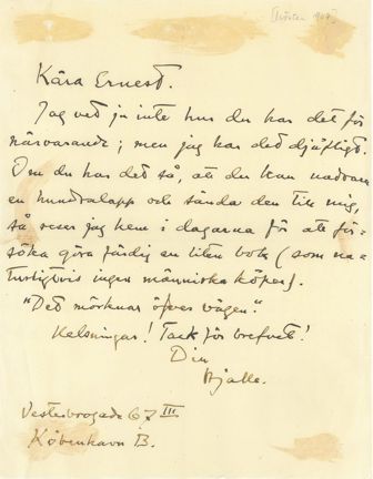 Brev på gulnat papper med fläckar från Hjalmar Söderberg till Ernest Thiel