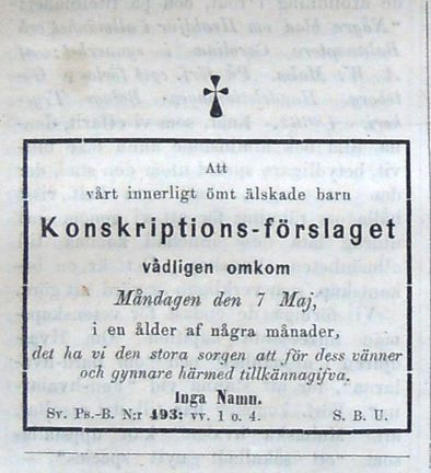 Dödsruna över konskriptionsförslaget. Satirisk notis i Söndags-Nisse – Illustreradt Veckoblad för Skämt, Humor och Satir, nr 19, den 13 maj 1866