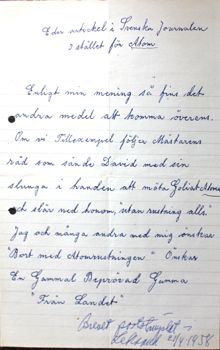 ”Bort med Atomrustningen” – brev från ”En Gammal Beprövad Gumma från Landet” 1958   