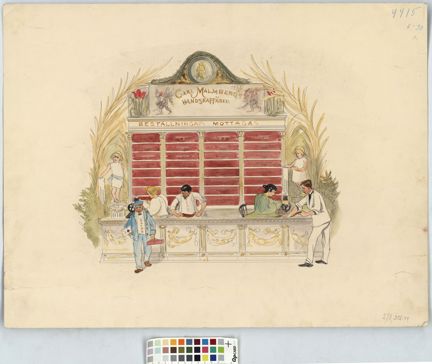 Färglagd skiss, målad på papper. Med personer bakom och framför montern. 