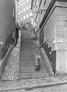 Maria Trappgränd från Bastugatan. Två pojkar och en man i trappan
