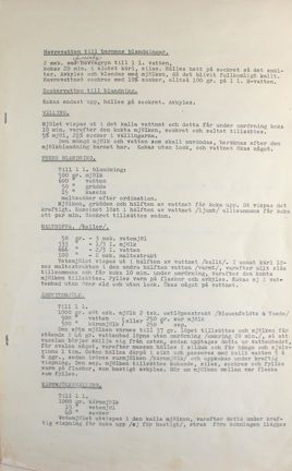 Nio sidor med recept från Sällskapet barnavård, bland annat på dansk klimp, äggvälling och Czernys smörsoppa