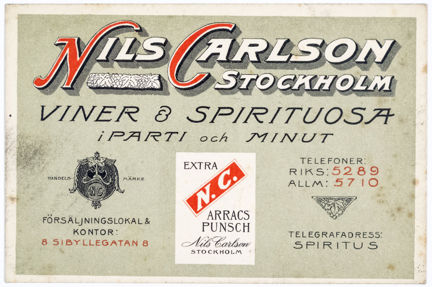 Reklamtryck i rött, svart och beige med text.