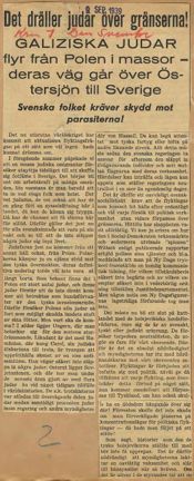 Artikeln "Det dräller judar över gränserna", ur tidningen Den Svenske den 9 september 1939.