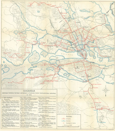 Stockholmskarta 1926 med spårvägsbolagets linjenät