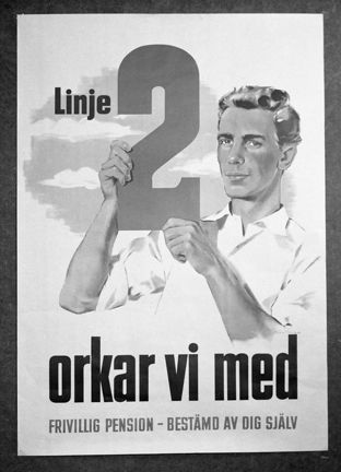 Svartvit tecknad bild av en man som håller en stor tvåa i händerna, och med texten "Linje 2 orkar vi med"