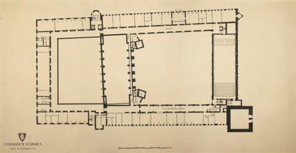 Ritning i stort format av stadshuset, plan av våningen 3 trappor, i tusch på gulnat papper