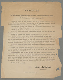 Riksdagskandidaten Louis Guilletmot presenterar sin politik inför valet 1881