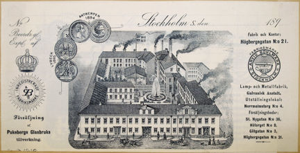 tryckt fakturahuvud i svart med illustrationer, medaljer och text
