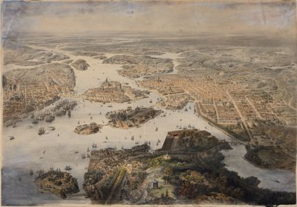 En färglitografi som är något bruntonad visar en stadsvy med större och mindre öar omgivna av vatten. En del är helt bebyggda med hus, andra bara delvis eller inte alls. Intrycket är att målningen är något tredimensionell. 