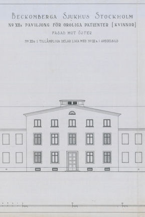 Ritning, paviljong 12A för oroliga patienter, fasad mot öster, Beckomberga sjukhus, utsnitt