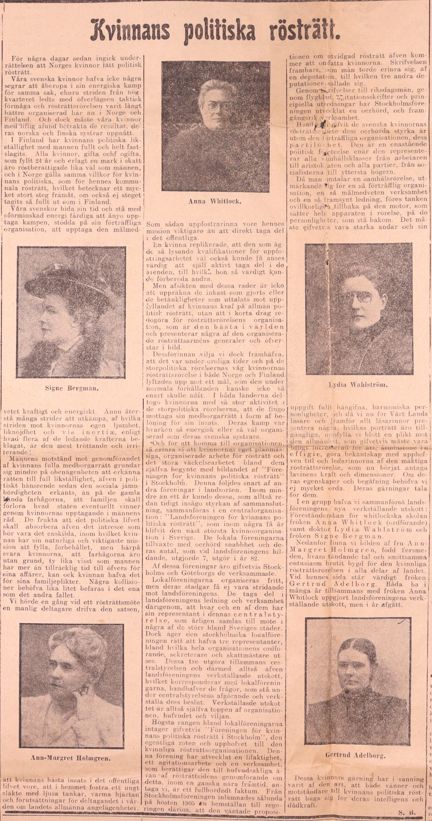 Ledande kvinnor i rösträttskampen – tidningsartikel i Vårt Land 1907