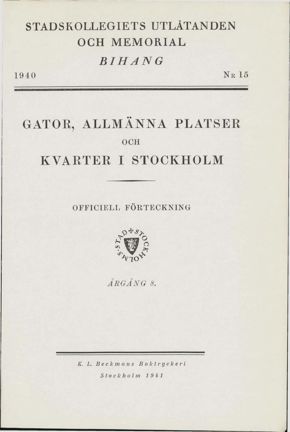 Framsida till Bihang 15, Stadskollegiets utlåtanden och memorial år 1940