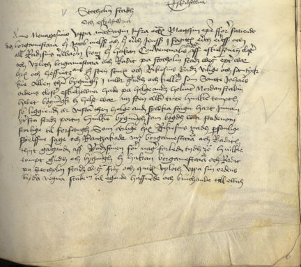 Foto som visar ett dokument om när Johannitermunkarna får hus och örtagård, år 1490