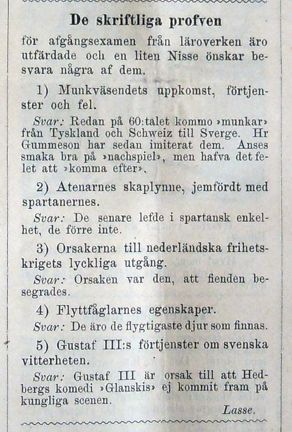 De skriftliga proven. Notis i Söndags-Nisse – Illustreradt Veckoblad för Skämt, Humor och Satir, nr 47, den 24 november 1878