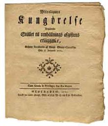 Ytterligare Kungörelse, Angående Stället til renhållnings afgiftens erläggande, Gifwen Stockholm af Kongl. Slotts-Cancelliet then 27 Januarii 1775.