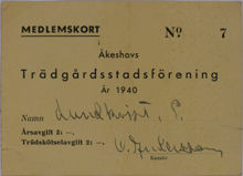 Medlemskort Åkeshovs trädgårdsstadsförening