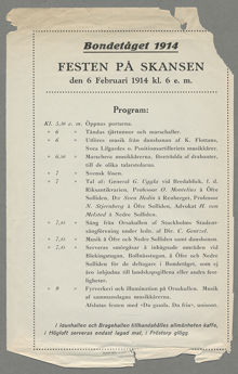 Bondetåget 1914. Festen på Skansen den 6 Februari 1914 kl. 6 e.m. [program]