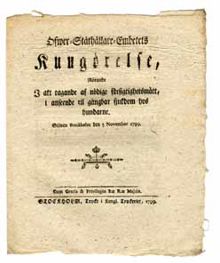 Öfwer-Ståthållare-Embetets Kungörelse, rörande i akt tagande af nödige försigtighetsmått, i anseende til gångbar sjukdom hos hundarne. Gifwen Stockholm den 5 november 1799.