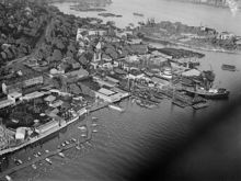 Flygbild från söder över Nöjesfältet och Gröna Lund på Djurgården. Beckholmen i fonden.