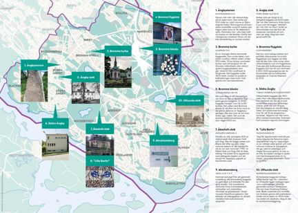 Kartbild över stadsdelen Bromma med flera utpekade platser i grönt. Till vänster i bild texter som berättar mer om de utpekade platserna.