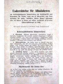 ”Underrättelse för Allmänheten om kolerasjukdomens kännetecken...” 1866 
